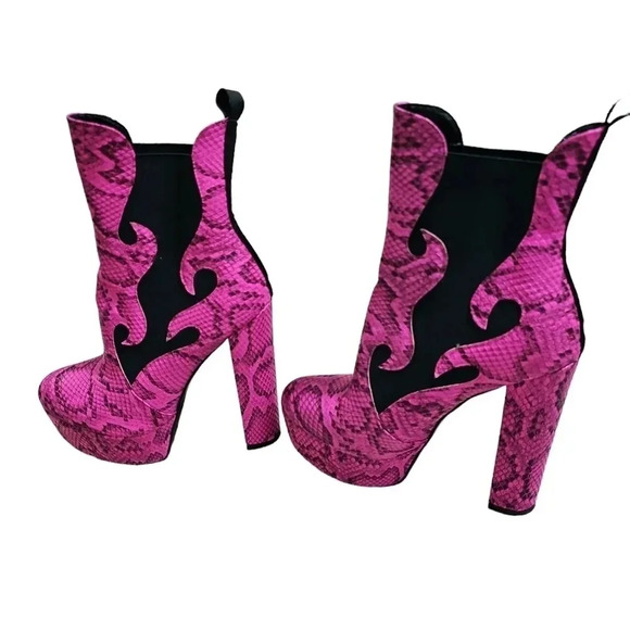 Unbranded 8.5 EUR 39 Hot Pink Snakeskin Flame Chelsea Platform Heels Y2K Goth - Picture 3 of 8